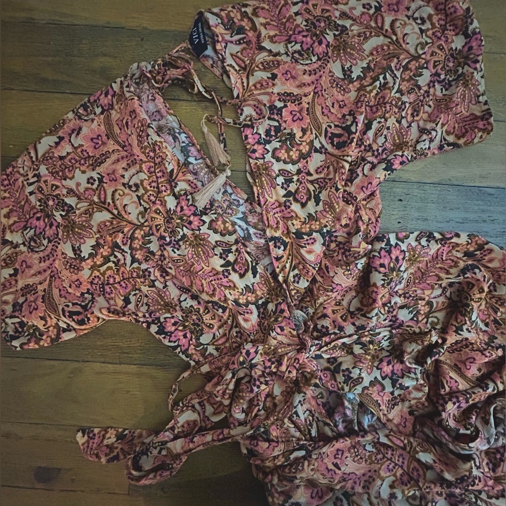 VICI Boho Paisley Wrap Maxi Dress Earth Tone Floral Print Flowy Festival cottage - Picture 10 of 16